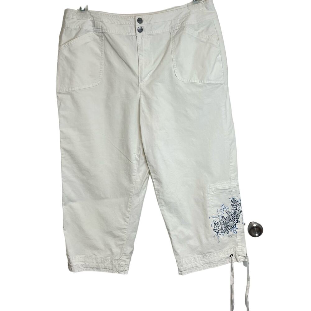 Coldwater Creek Capri Pants Sz 12 Tie Bottoms White Koi Fish Coastal Stretch